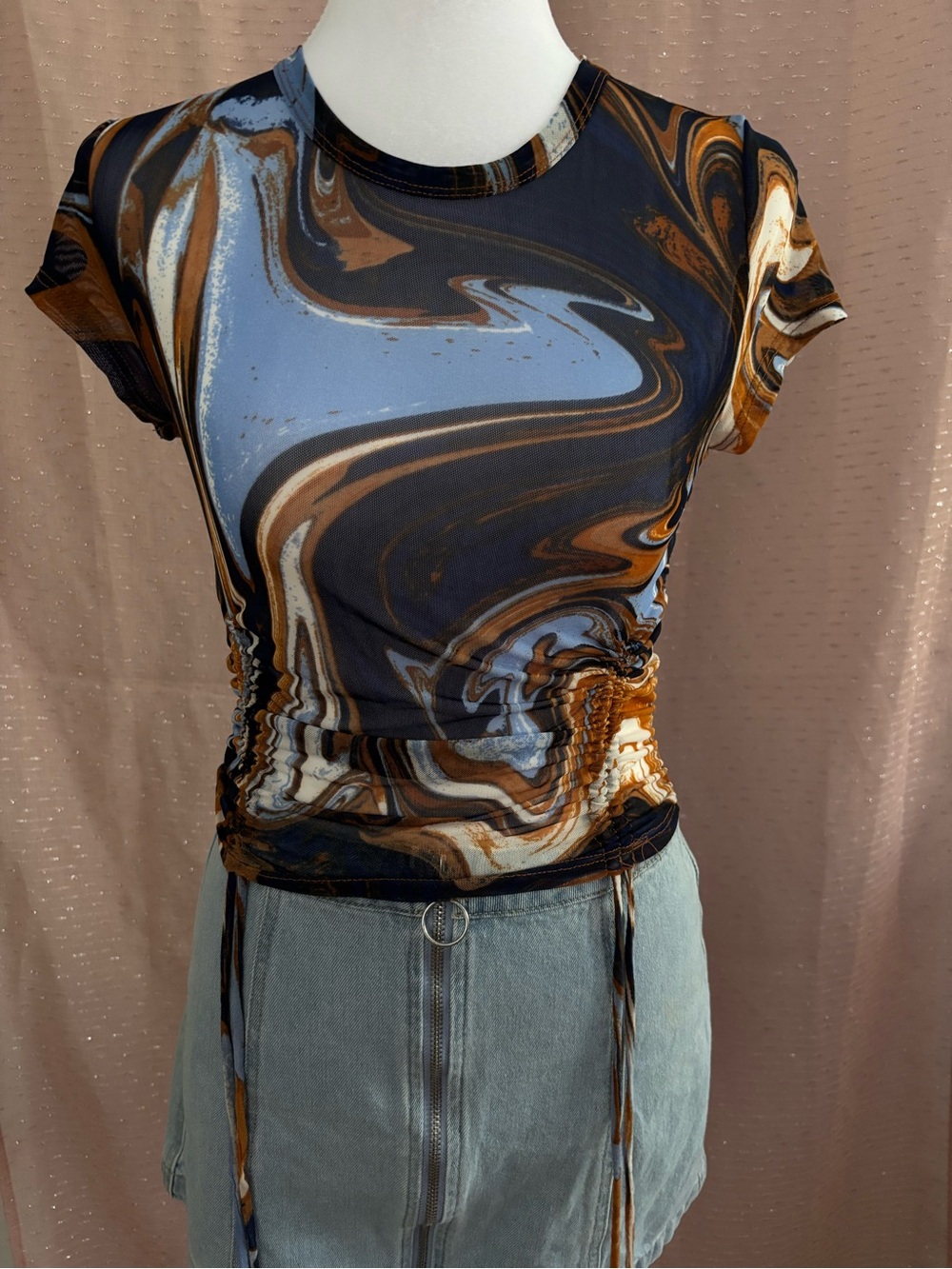 Forever 21 Marble-Print Ruched Crop Top in Blue & Brown - Picture 2 of 2